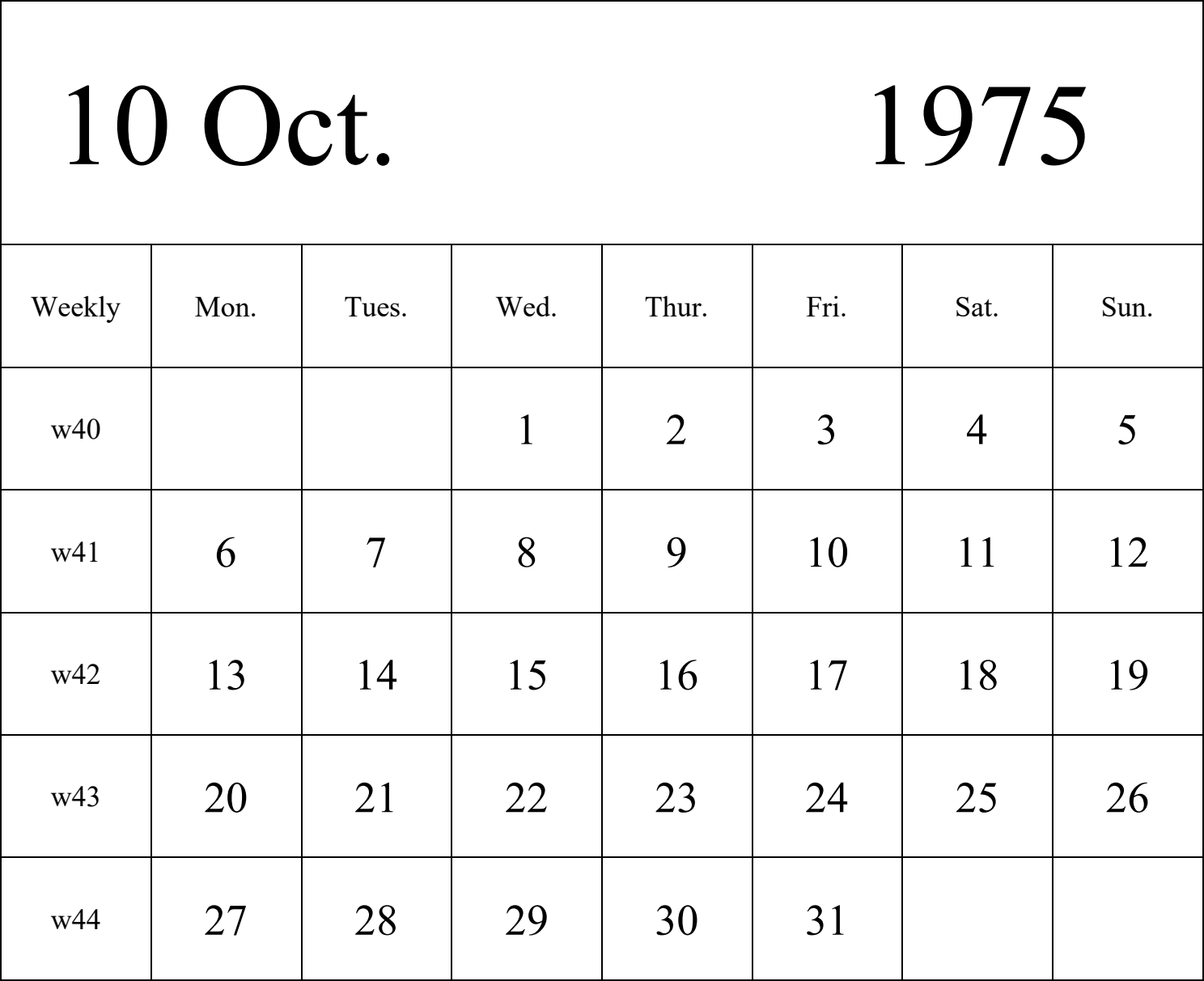 日历表1975年日历 英文版 纵向排版 周一开始 带周数